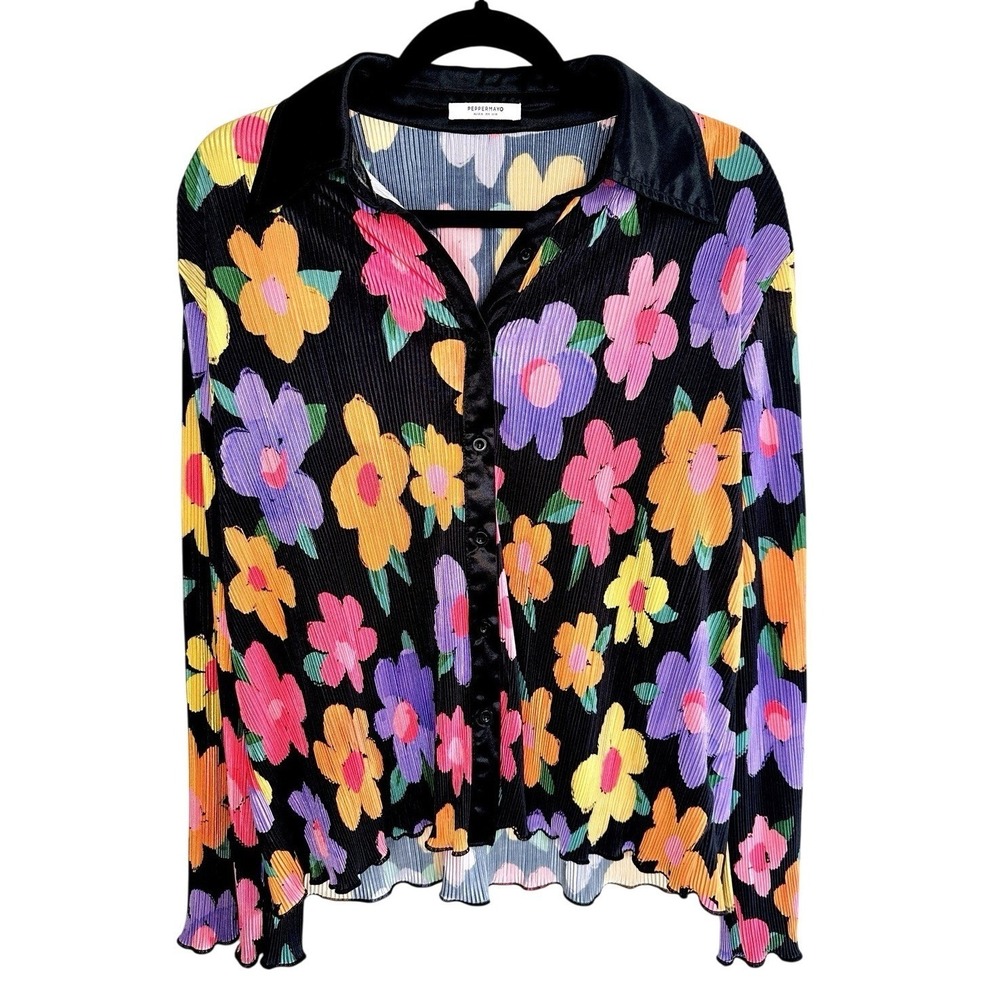 Peppermayo Wine Dates Floral Button Up Shirt Black Multi Blouse Size‎ 6 Retro